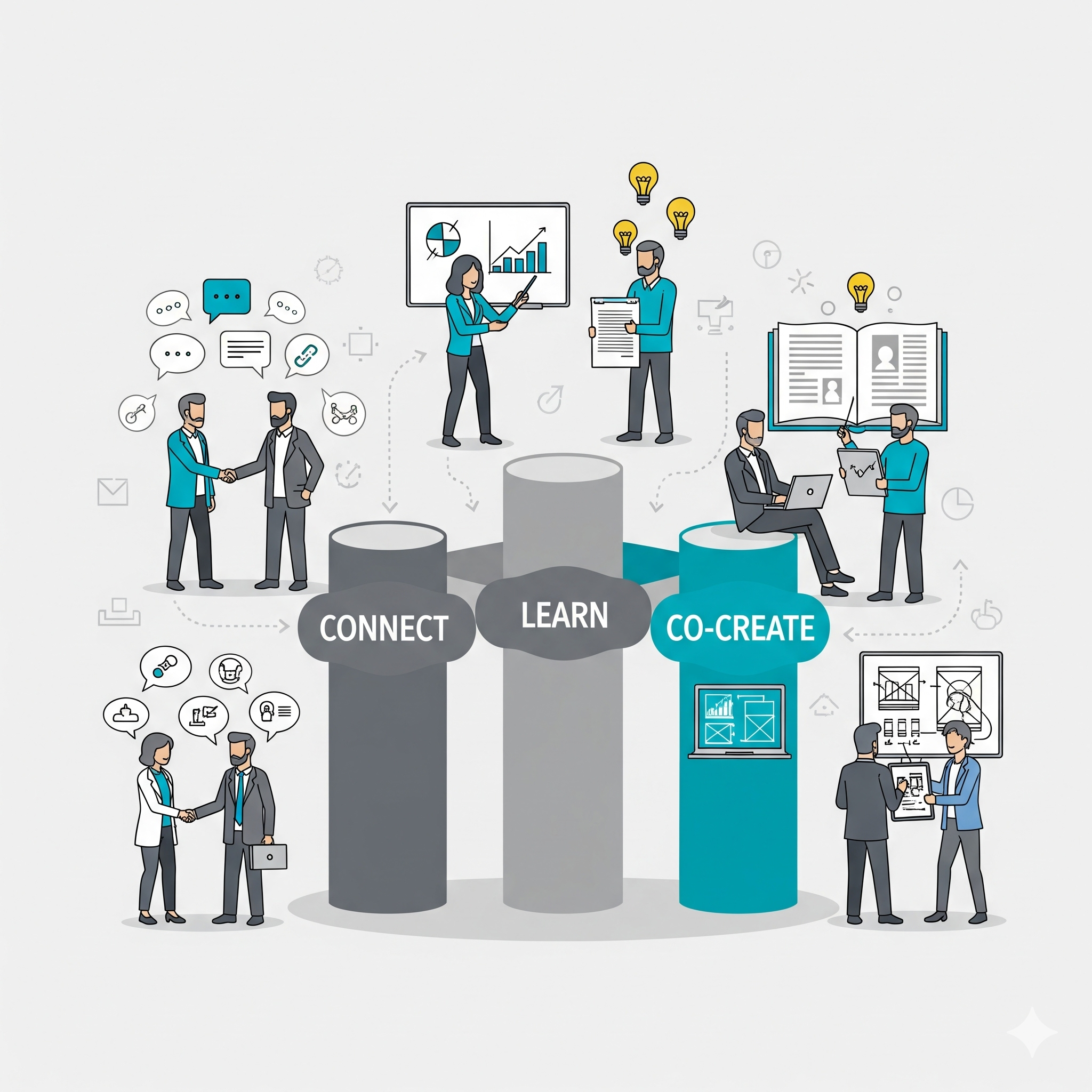 Three pillars community framework: Connect, Learn, Co-Create